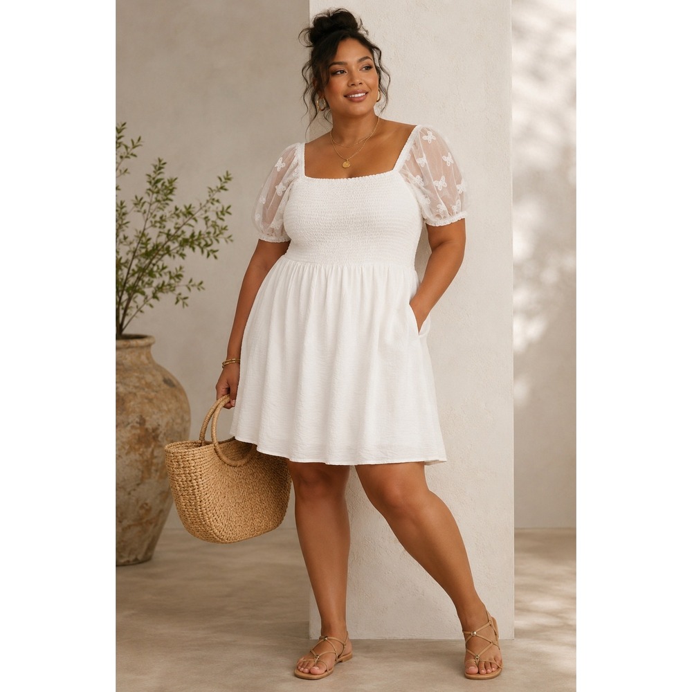 NWT Just Found White Smocked Mini Dress 1X Butterfly Puff Sleeves Cottagecore